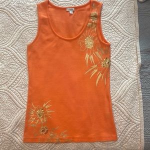 Cache Tangerine gold Lame’ printed front & back tank top. Super cute!